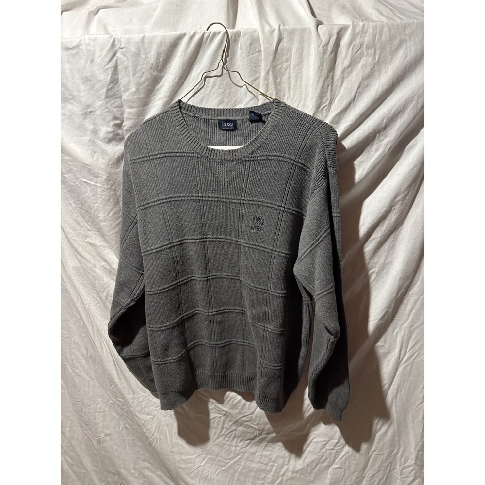 IZOD Mens Gray Textured Windowpane Grid Cotton Knit Crewneck Sweater XL